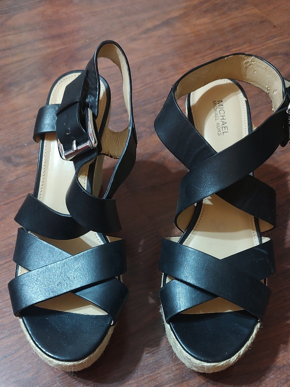 Michael Kors Black Crisscross Leather Espadrille Wedges